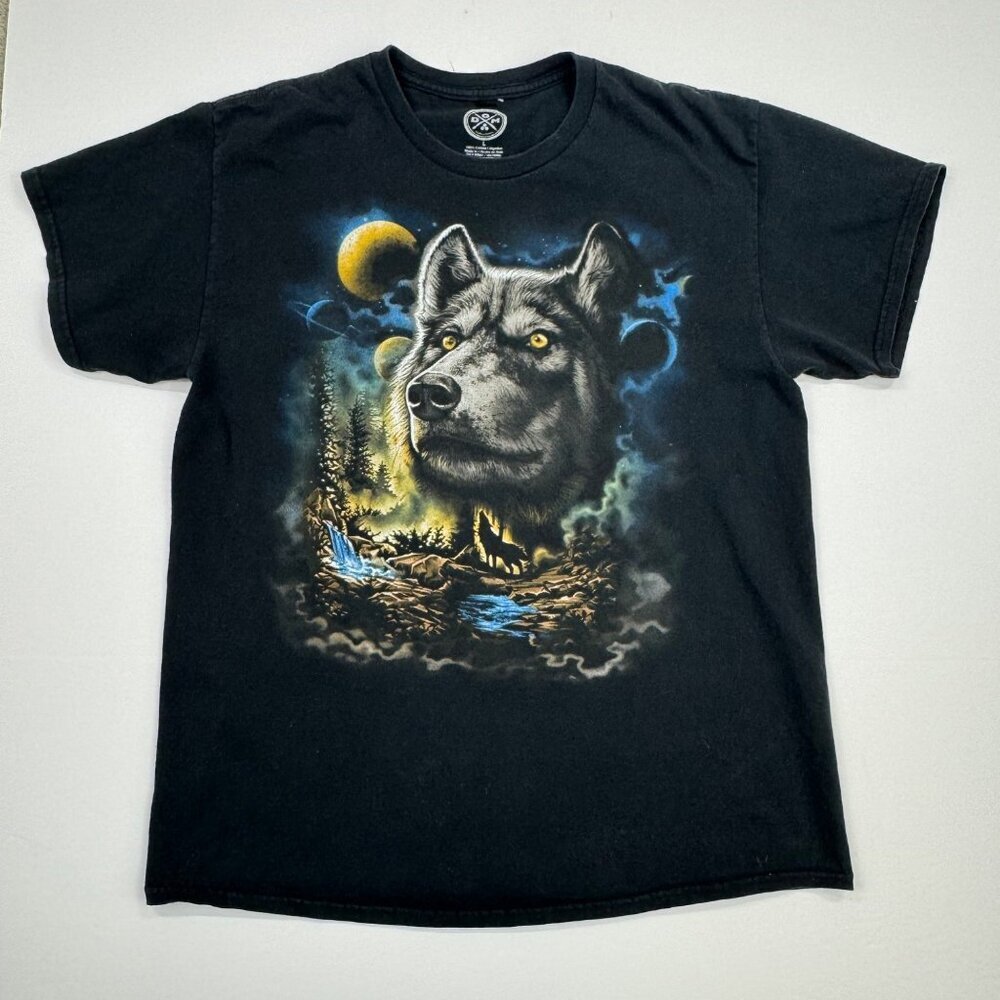 DOM Howling Wolf Graphic T Shirt Size Large Black Short Sleeve